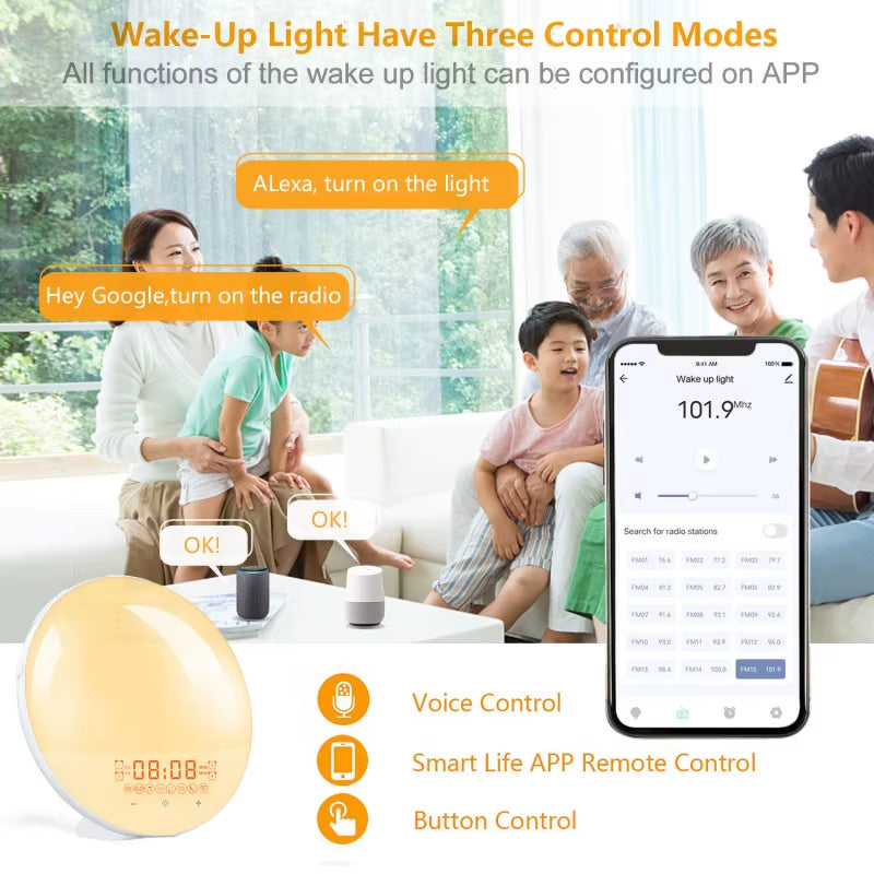 Transform Your Mornings with the WiFi Smart Sunrise Alarm Clock - RGB Wake-Up Light with APP Control, Sunlight Simulation, and White Noise Speaker