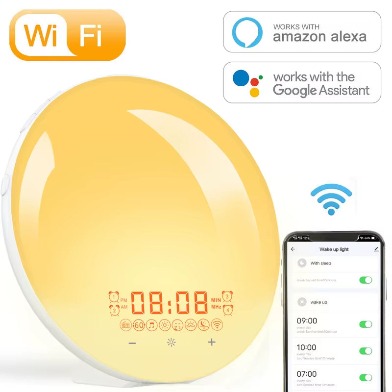 Transform Your Mornings with the WiFi Smart Sunrise Alarm Clock - RGB Wake-Up Light with APP Control, Sunlight Simulation, and White Noise Speaker