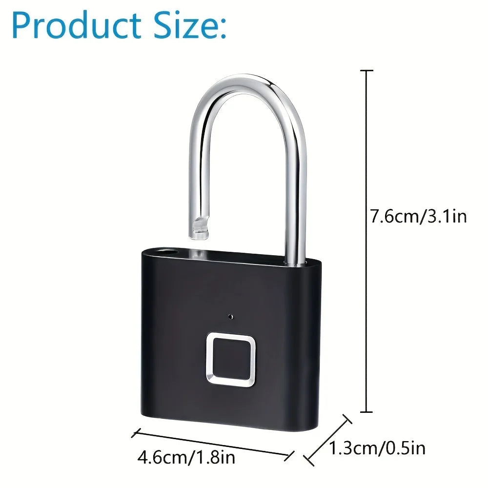 Black Silver Keyless USB Rechargeable Fingerprint Smart Padlock with Quick Unlock and Zinc Alloy Construction
