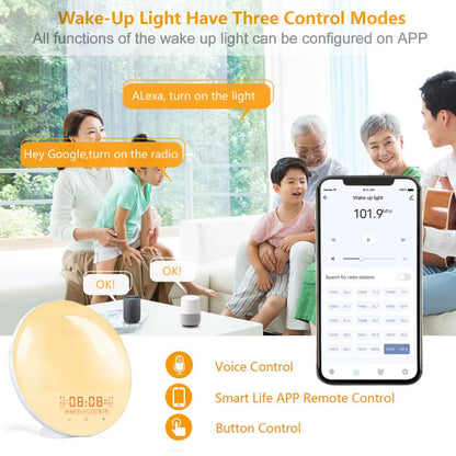 Transform Your Mornings with the WiFi Smart Sunrise Alarm Clock - RGB Wake-Up Light with APP Control, Sunlight Simulation, and White Noise Speaker