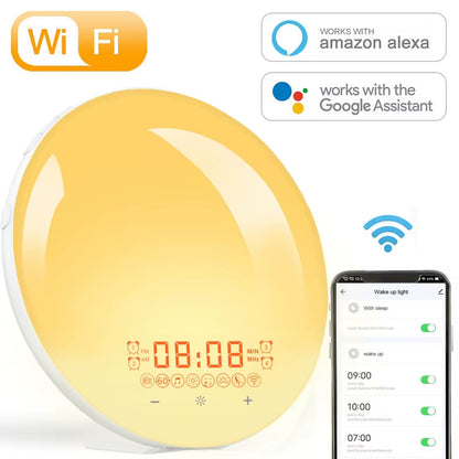 Transform Your Mornings with the WiFi Smart Sunrise Alarm Clock - RGB Wake-Up Light with APP Control, Sunlight Simulation, and White Noise Speaker