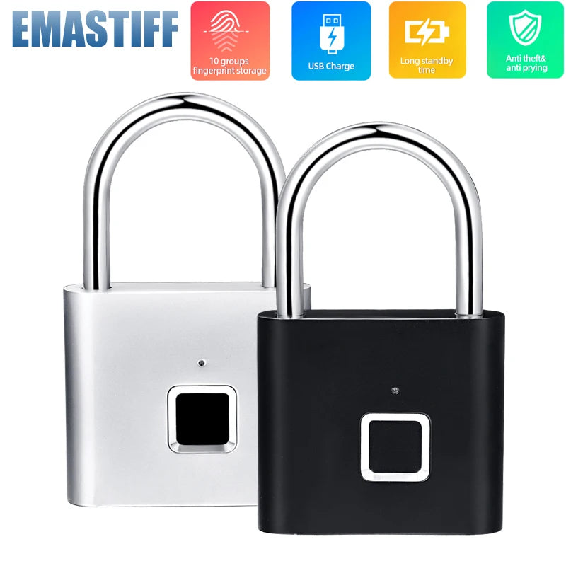 Black Silver Keyless USB Rechargeable Fingerprint Smart Padlock with Quick Unlock and Zinc Alloy Construction