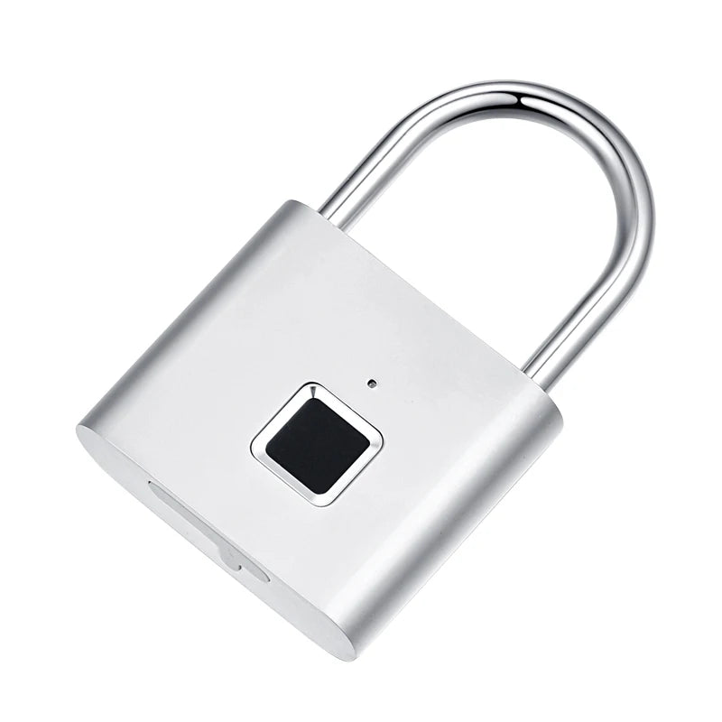 Black Silver Keyless USB Rechargeable Fingerprint Smart Padlock with Quick Unlock and Zinc Alloy Construction