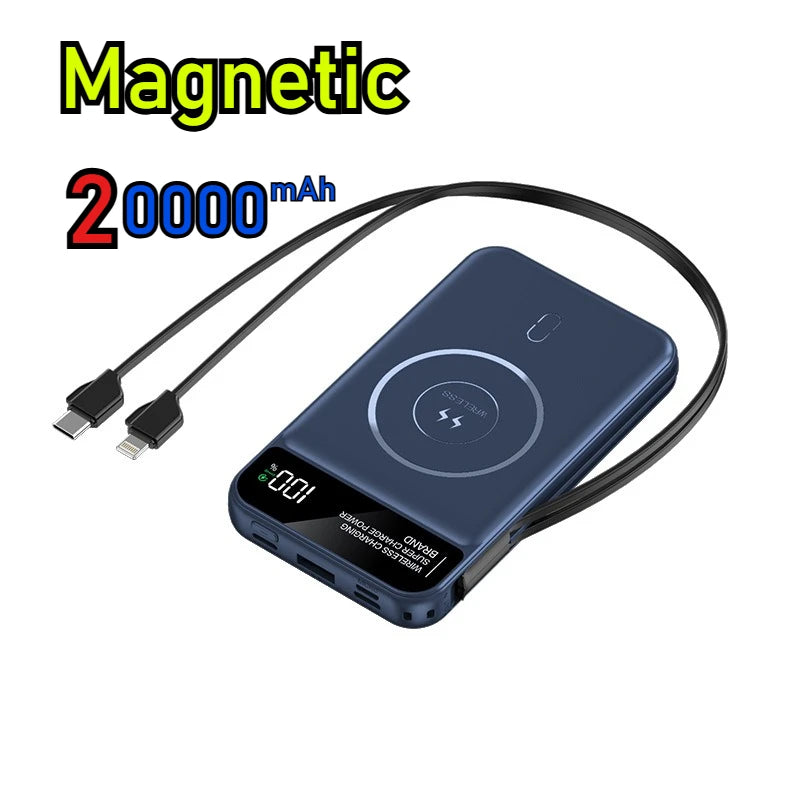 Power Up Your Devices with the 22.5W Wireless Charging Power Bank - 20000mAh High Capacity with Built-In Cables for iPhone, Samsung, and Xiaomi!
