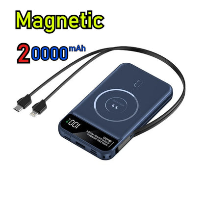 Power Up Your Devices with the 22.5W Wireless Charging Power Bank - 20000mAh High Capacity with Built-In Cables for iPhone, Samsung, and Xiaomi!