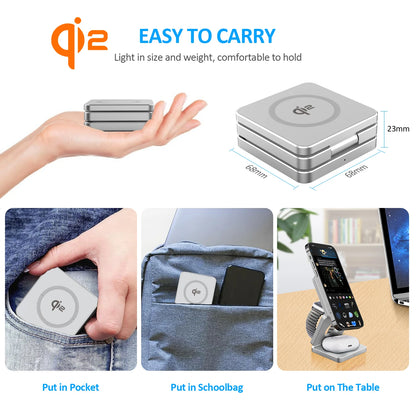 Experience Ultimate Convenience with the Qi2 3-in-1 15W Magnetic Wireless Charger for iPhone 16/15/14/13, Apple Watch, and AirPods - Fast Charging and Folding Design!