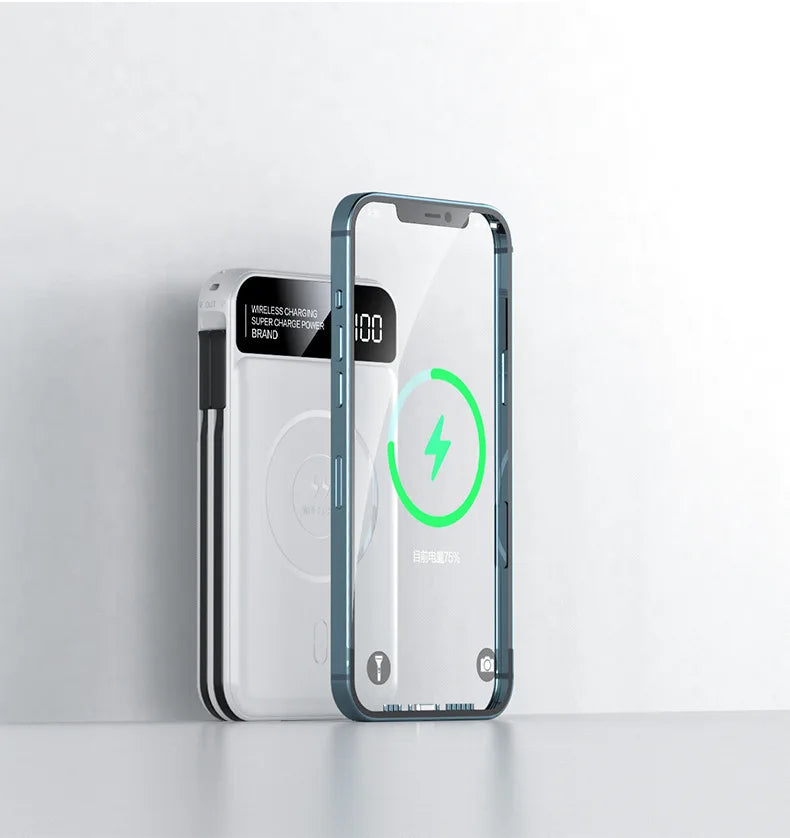 Power Up Your Devices with the 22.5W Wireless Charging Power Bank - 20000mAh High Capacity with Built-In Cables for iPhone, Samsung, and Xiaomi!