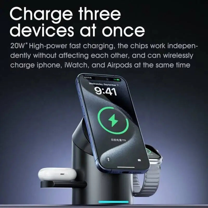 Revolutionary 3-in-1 Qi2 Magnetic Wireless Charger - Fast 15W Charging for iPhone, Apple Watch, and AirPods