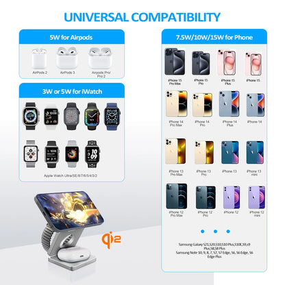 Experience Ultimate Convenience with the Qi2 3-in-1 15W Magnetic Wireless Charger for iPhone 16/15/14/13, Apple Watch, and AirPods - Fast Charging and Folding Design!