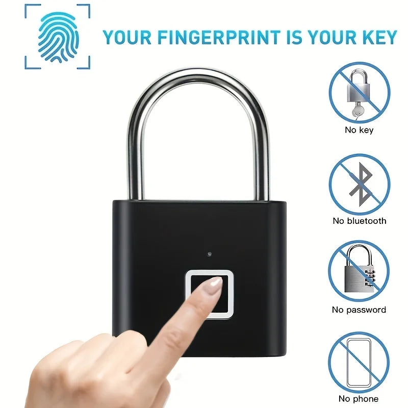 Black Silver Keyless USB Rechargeable Fingerprint Smart Padlock with Quick Unlock and Zinc Alloy Construction