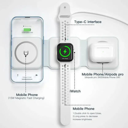 Revolutionary 3-in-1 Magnetic Wireless Charger: Fast Charging Dock Station for iPhone, Apple Watch, and AirPods - Portable & Foldable Design