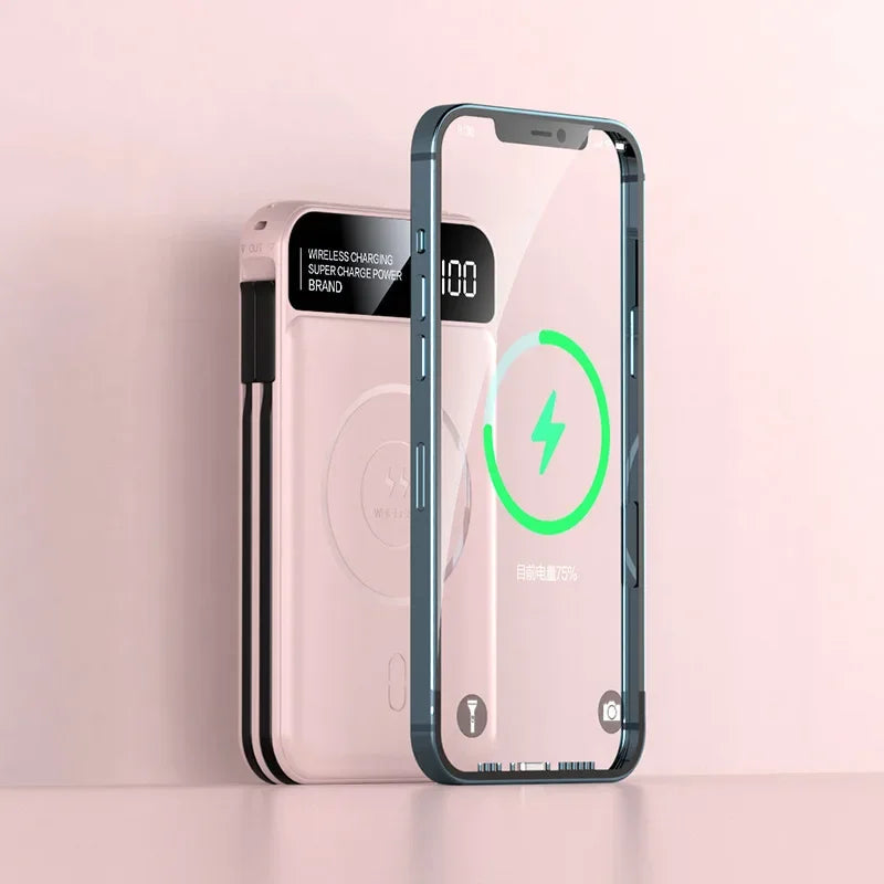 Power Up Your Devices with the 22.5W Wireless Charging Power Bank - 20000mAh High Capacity with Built-In Cables for iPhone, Samsung, and Xiaomi!