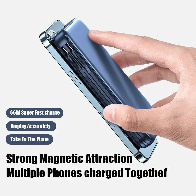 Power Up Your Devices with the 22.5W Wireless Charging Power Bank - 20000mAh High Capacity with Built-In Cables for iPhone, Samsung, and Xiaomi!