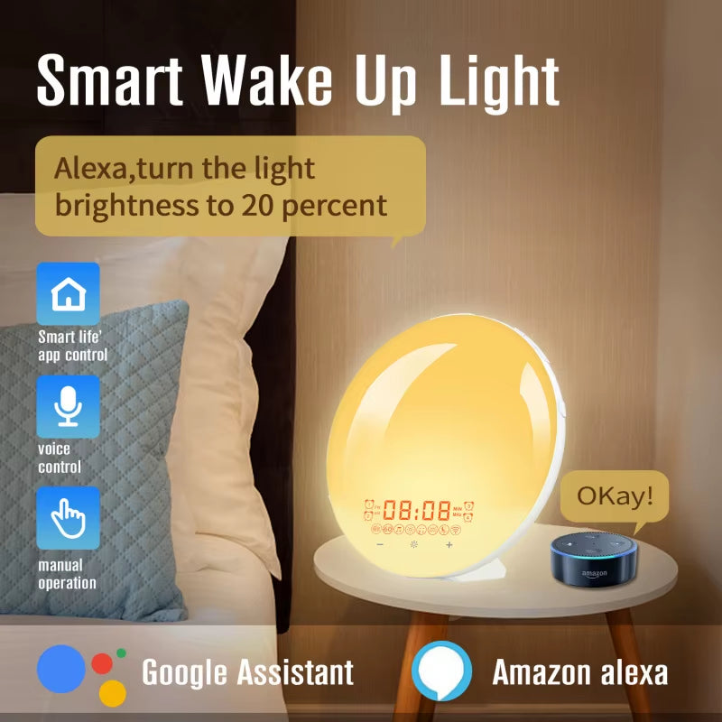 Transform Your Mornings with the WiFi Smart Sunrise Alarm Clock - RGB Wake-Up Light with APP Control, Sunlight Simulation, and White Noise Speaker
