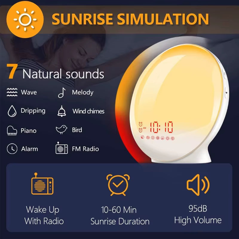 Transform Your Mornings with the WiFi Smart Sunrise Alarm Clock - RGB Wake-Up Light with APP Control, Sunlight Simulation, and White Noise Speaker