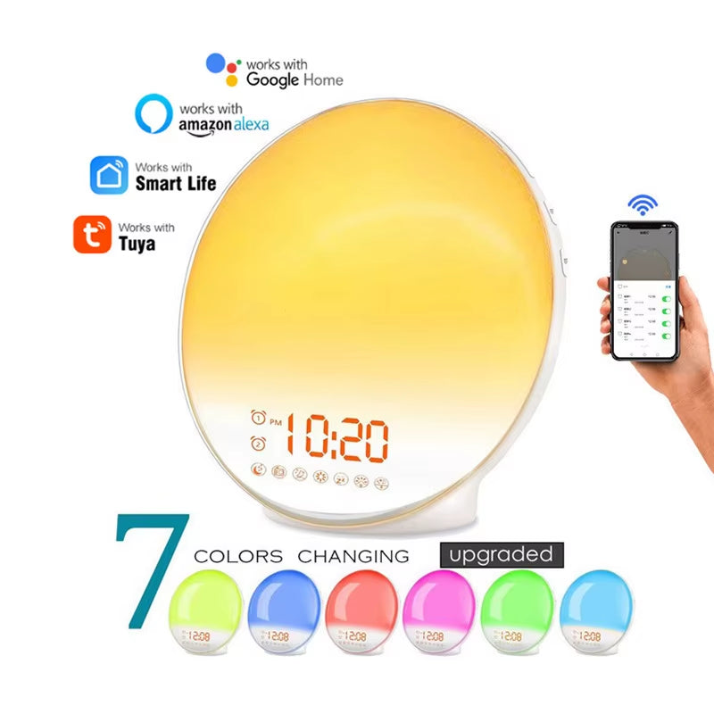 Transform Your Mornings with the WiFi Smart Sunrise Alarm Clock - RGB Wake-Up Light with APP Control, Sunlight Simulation, and White Noise Speaker