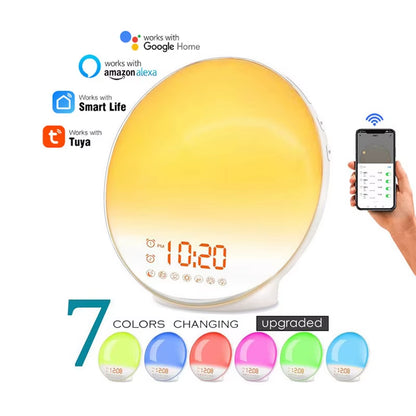 Transform Your Mornings with the WiFi Smart Sunrise Alarm Clock - RGB Wake-Up Light with APP Control, Sunlight Simulation, and White Noise Speaker